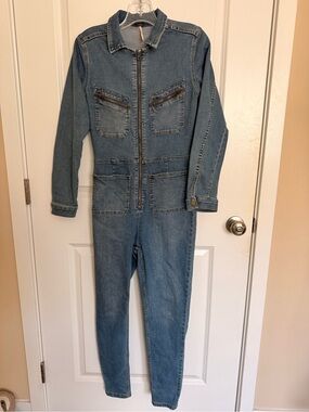Free People Light Blue Denim Zip-Front Utility Jumpsuit